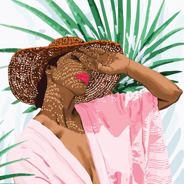 Tropical Leaves: Sunshine In My Soul, Black Woman Tropical Travel, Jungle Botanical Palm Bohemian Fashion Painting by 83 Oranges