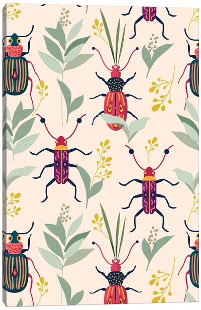 Summer Bugs Pattern Canvas Art Print - Beetle Art