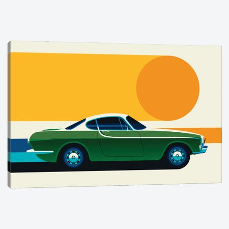 Green Vintage Sports Car With Sun, Side View Canvas Print #UND72} by Bo Lundberg Canvas Art Print