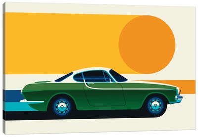 Green Vintage Sports Car With Sun, Side View Canvas Art Print - Bo Lundberg