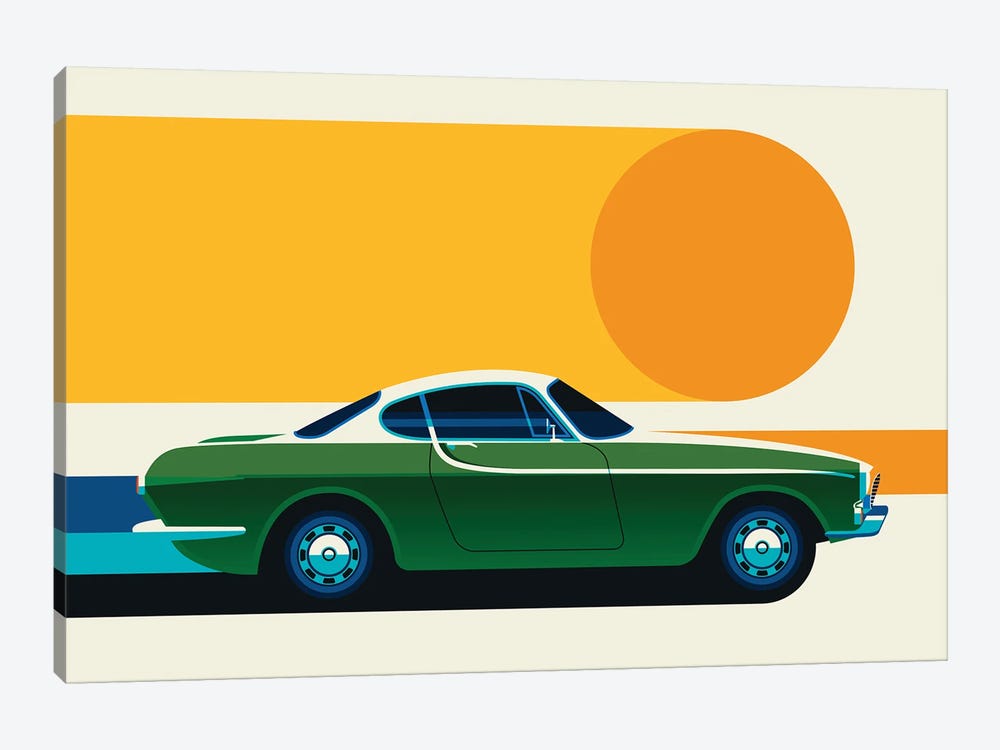 Green Vintage Sports Car With Sun, Side View by Bo Lundberg 1-piece Canvas Artwork