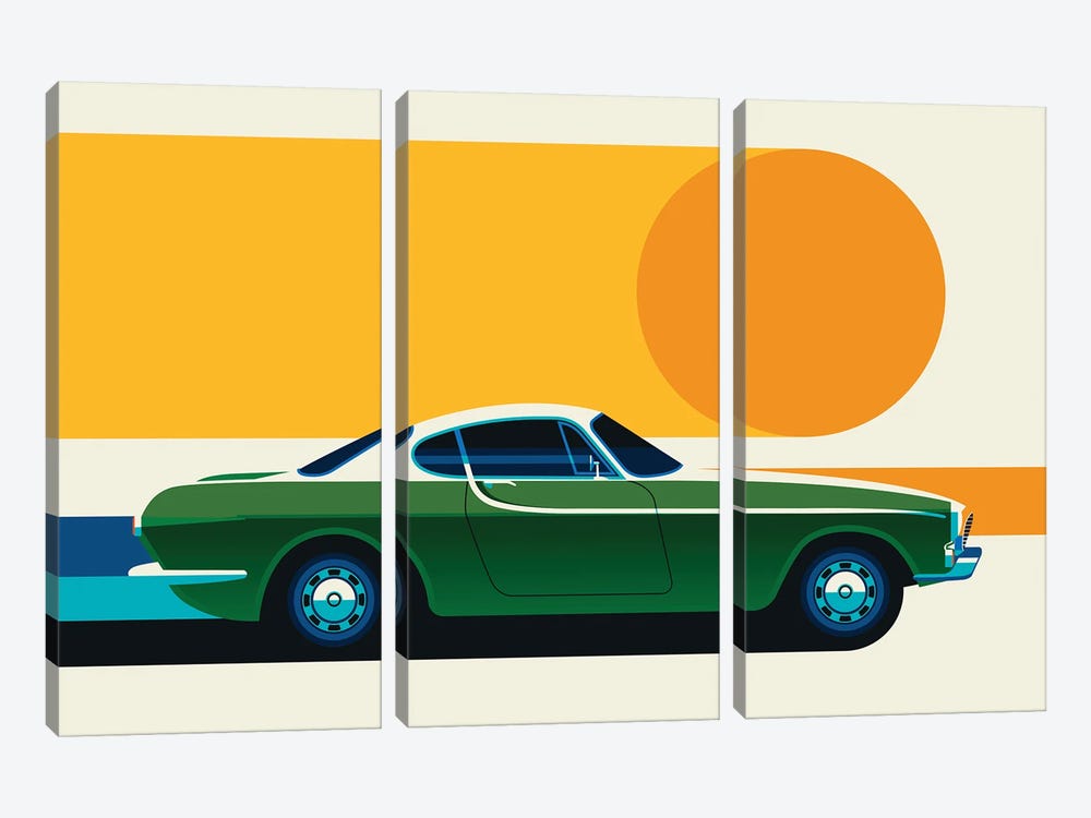 Green Vintage Sports Car With Sun, Side View by Bo Lundberg 3-piece Canvas Artwork
