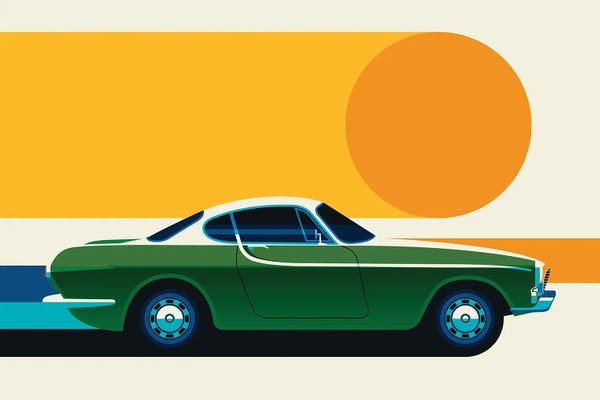 Green Vintage Sports Car With Sun, Side View