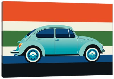 Side View Of Mint Colored Vintage Car With Stripes Canvas Art Print - Volkswagen