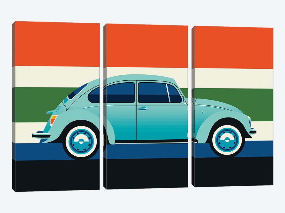 Side View Of Mint Colored Vintage Car With Stripes by Bo Lundberg 3-piece Art Print