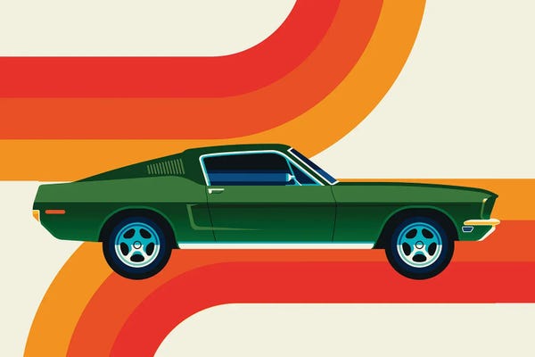 Kids Transportation Art: Side Wiev Of Vintage Green Sports Car With Stripes by Bo Lundberg