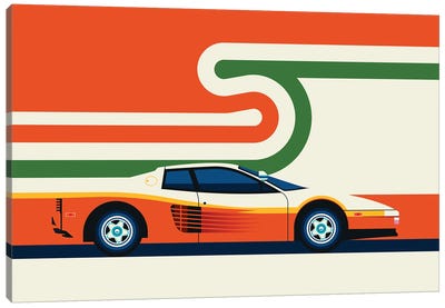 Side View Of Creme Colored Sports Car With Stripes Canvas Art Print - Bo Lundberg
