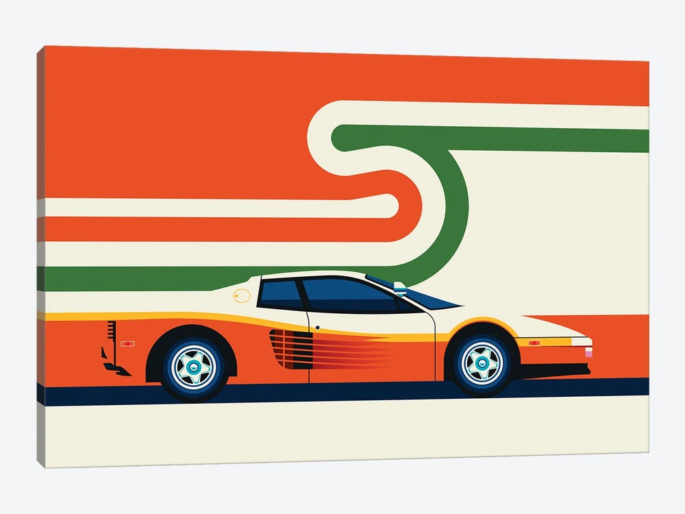 Side View Of Creme Colored Sports Car With Stripes by Bo Lundberg 1-piece Canvas Artwork