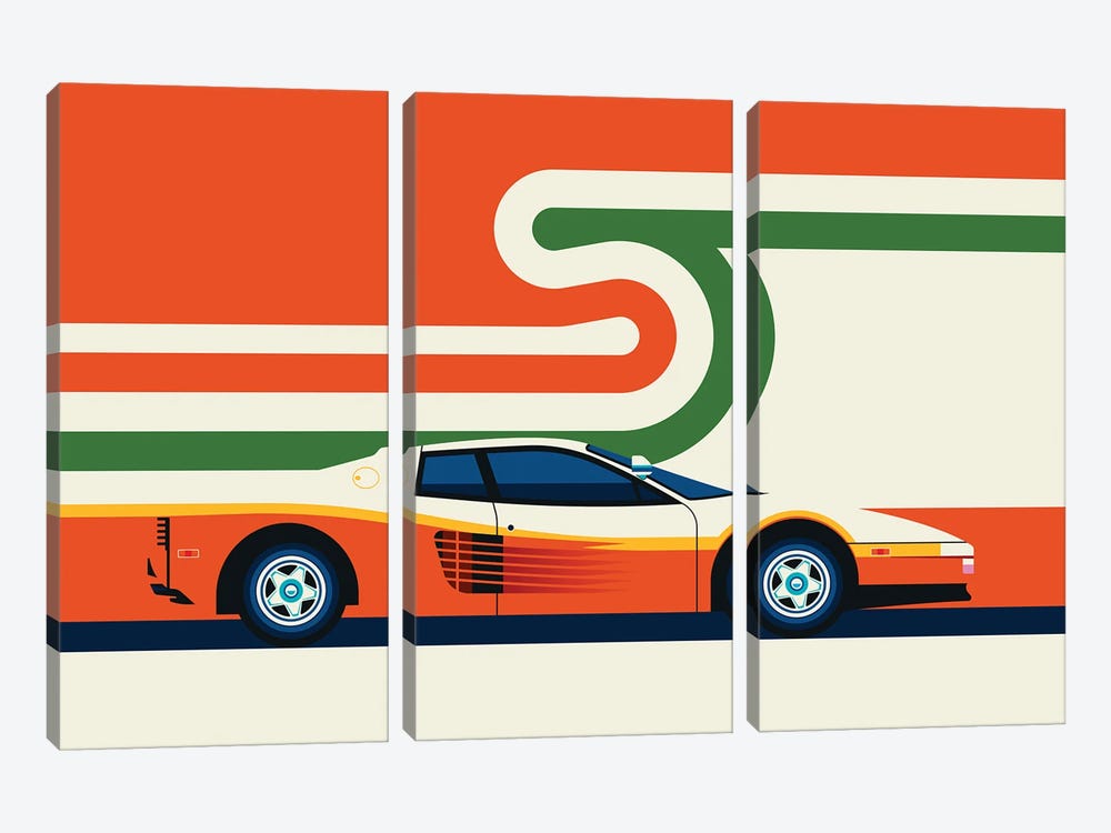 Side View Of Creme Colored Sports Car With Stripes by Bo Lundberg 3-piece Canvas Wall Art