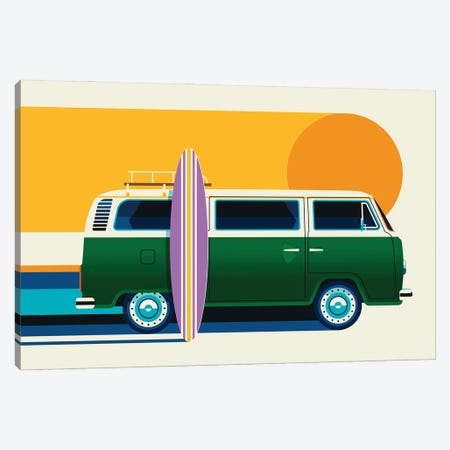 Green Vintage Camping Bus With Sun And Surf Board Canvas Print #UND81} by Bo Lundberg Canvas Artwork