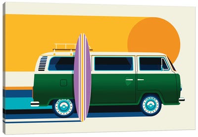 Green Vintage Camping Bus With Sun And Surf Board Canvas Art Print - Volkswagen