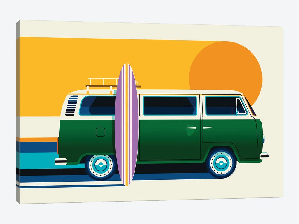 Green Vintage Camping Bus With Sun And Surf Board by Bo Lundberg 1-piece Canvas Wall Art