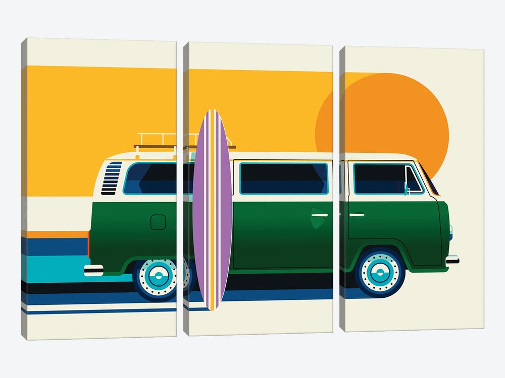 Green Vintage Camping Bus With Sun And Surf Board by Bo Lundberg 3-piece Canvas Art