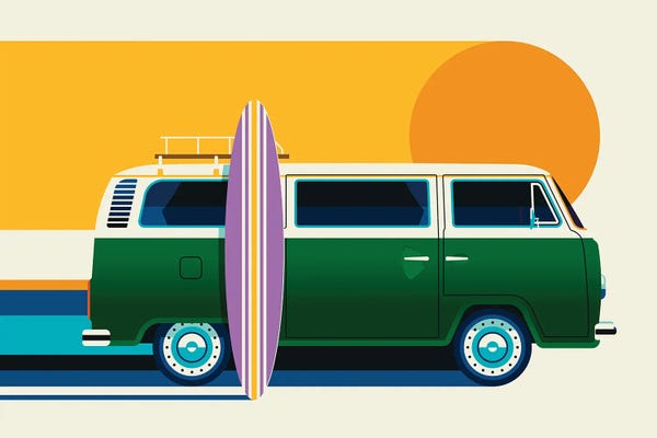 The Seventies: Green Vintage Camping Bus With Sun And Surf Board by Bo Lundberg