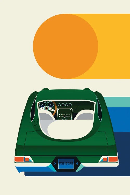 Back View Of Green Vintage Car With Sun