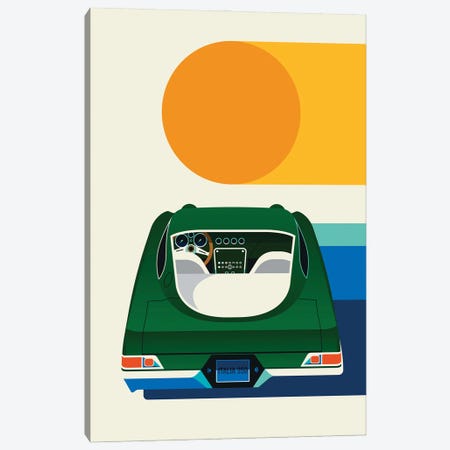Back View Of Green Vintage Car With Sun Canvas Print #UND99} by Bo Lundberg Canvas Art Print