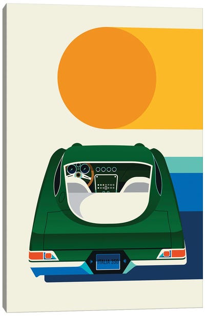 Back View Of Green Vintage Car With Sun Canvas Art Print - Bo Lundberg