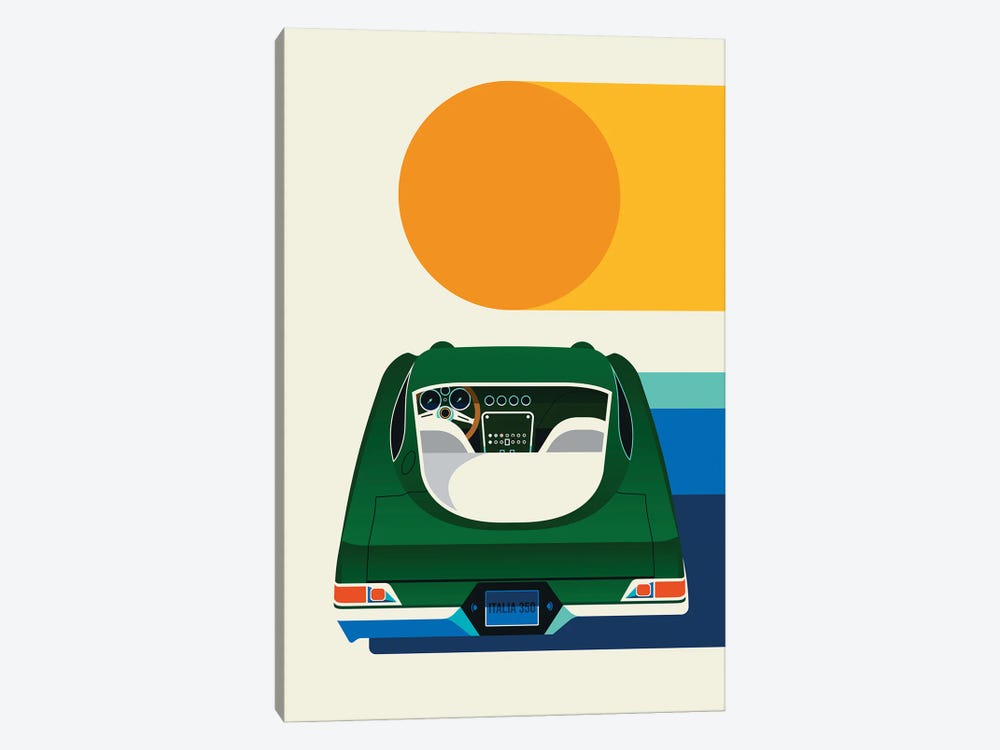 Back View Of Green Vintage Car With Sun by Bo Lundberg 1-piece Art Print