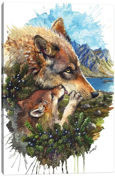 Wolf Cub Kiss Canvas Art Print - Native American Décor