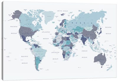 World Map Blue I Canvas Art Print - 3-Piece Map Art