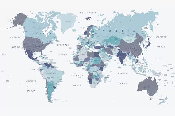 Large Map Art - Canvas Prints: World Map Blue I by Urban Epiphany