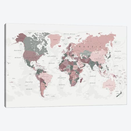 World Map Pink Green II Canvas Print #URE248} by Urban Epiphany Canvas Art Print