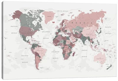 World Map Pink Green II Canvas Art Print - Large Map Art