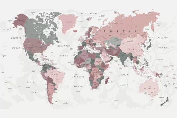 Large Map Art - Canvas Prints: World Map Pink Green II by Urban Epiphany