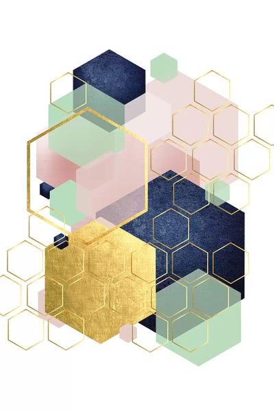 Gold Abstract Art: Gold Blush Navy Mint Hexagonal by Urban Epiphany