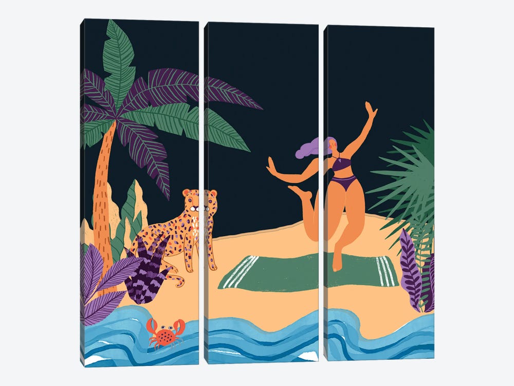 Girl And Exotic Cat At The Beach by UtArt 3-piece Canvas Art