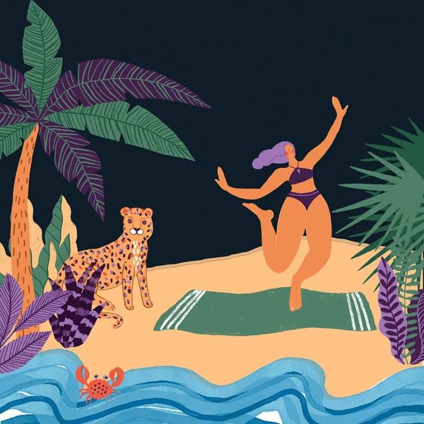 Leopards: Girl And Exotic Cat At The Beach by UtArt