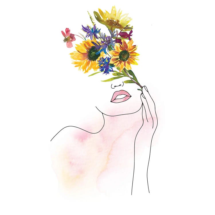 Lineart Girl With Midsummer Flower Bouquet by UtArt wall art