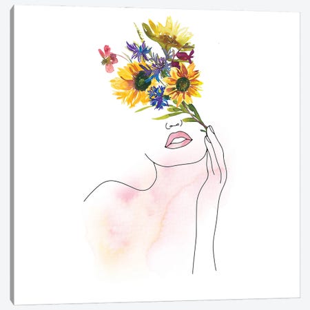 Lineart Girl With Midsummer Flower Bouquet Canvas Print #UTA138} by UtArt Canvas Wall Art