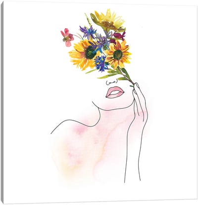 Lineart Girl With Midsummer Flower Bouquet Canvas Art Print - UtArt