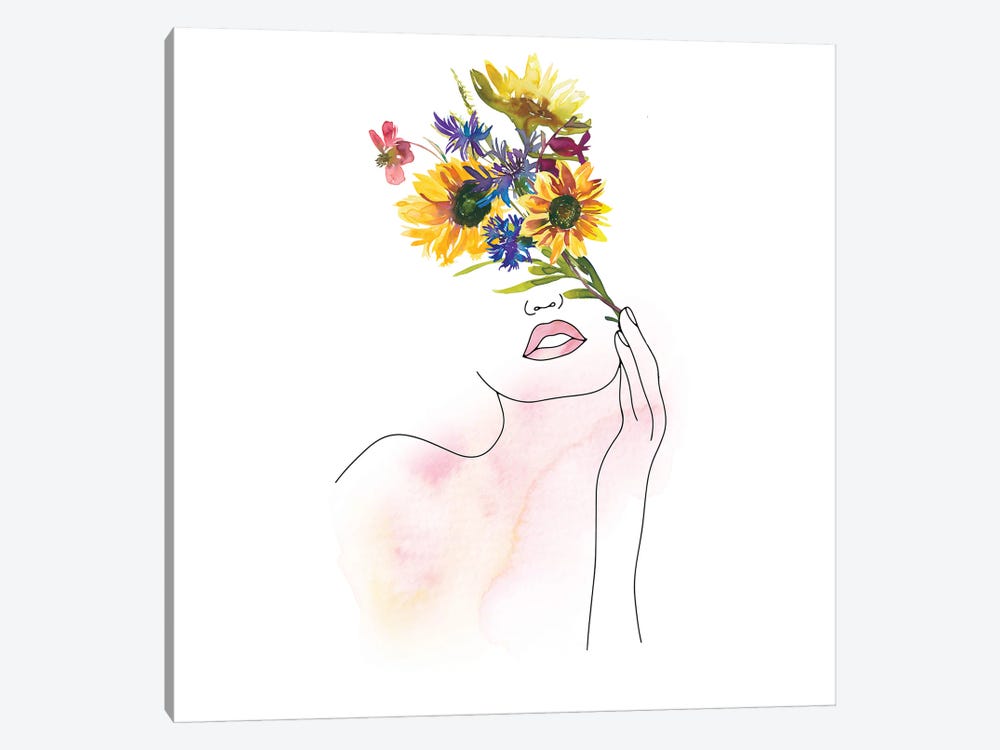 Lineart Girl With Midsummer Flower Bouquet by UtArt 1-piece Canvas Print