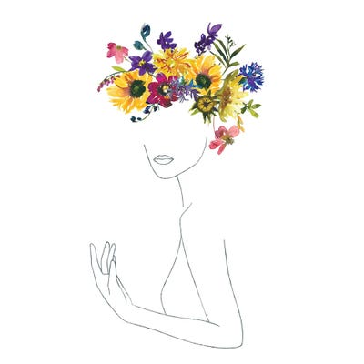 Lineart Girl With Midsummer Flower Wreath by UtArt framed canvas print