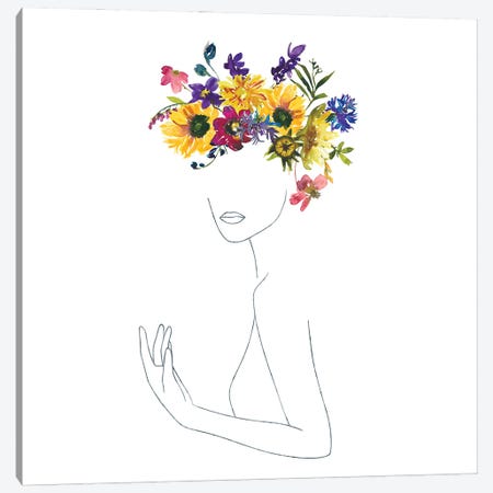 Lineart Girl With Midsummer Flower Wreath Canvas Print #UTA139} by UtArt Canvas Wall Art