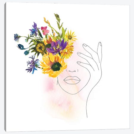 Lineart Girl With Midsummer Flowers Canvas Print #UTA140} by UtArt Art Print