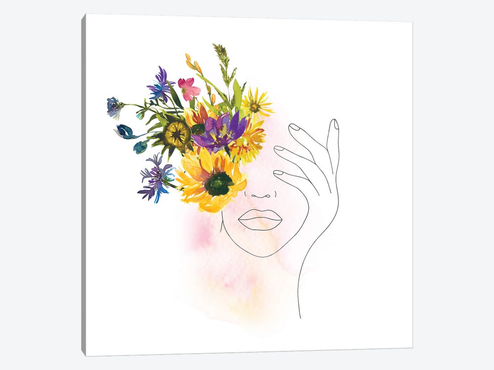 Lineart Girl With Midsummer Flowers by UtArt 1-piece Canvas Wall Art