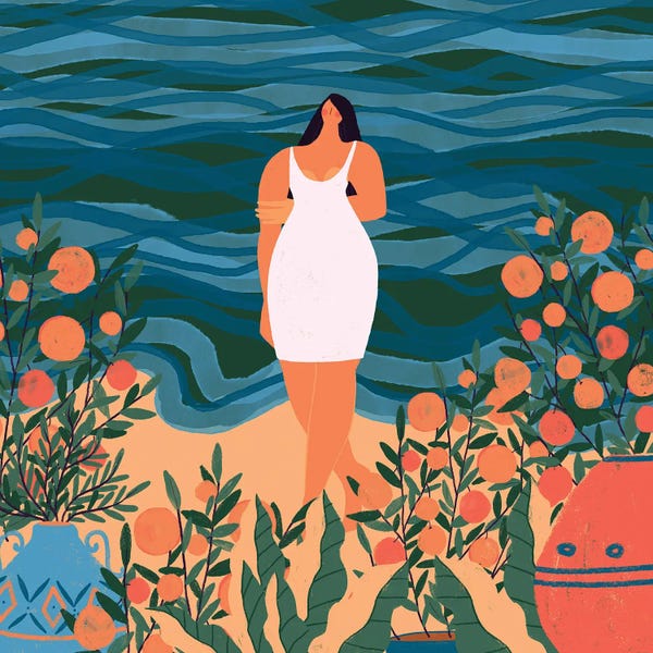 Modern Beautiful Girl With Exotic Fruits At The Beauch