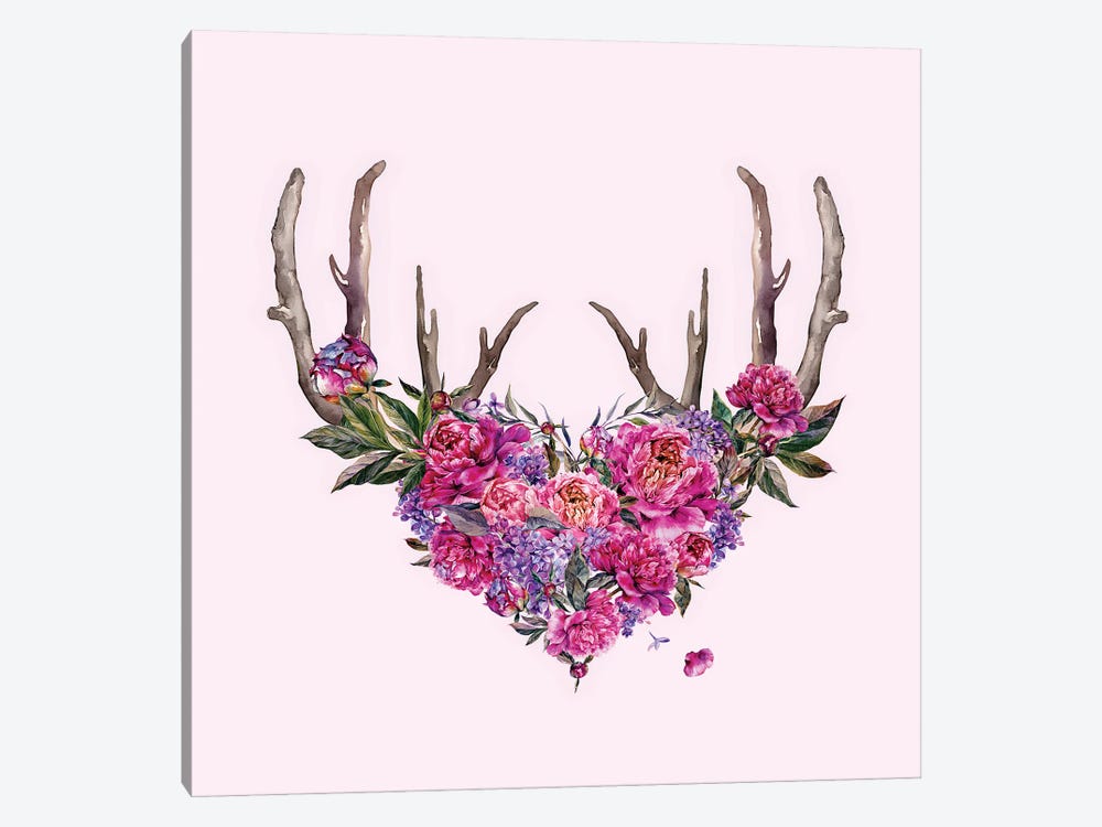 Pink Watercolor Flowers With Antlers by UtArt 1-piece Canvas Print