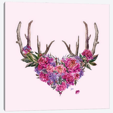 Pink Watercolor Flowers With Antlers Canvas Print #UTA185} by UtArt Canvas Wall Art
