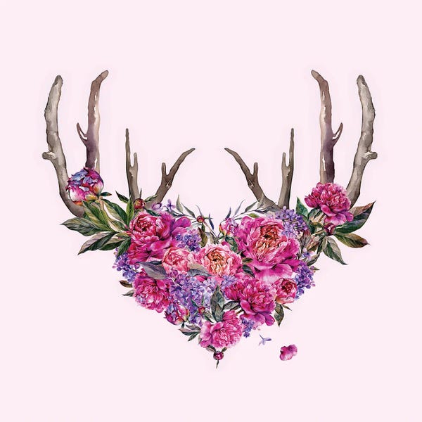 UtArt: Pink Watercolor Flowers With Antlers by UtArt