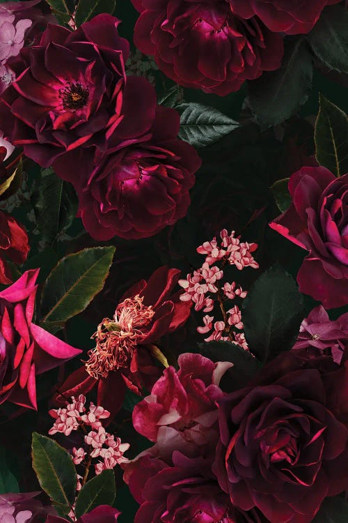 Vintage Midnight Summer Botanical Roses Garden by UtArt wall art