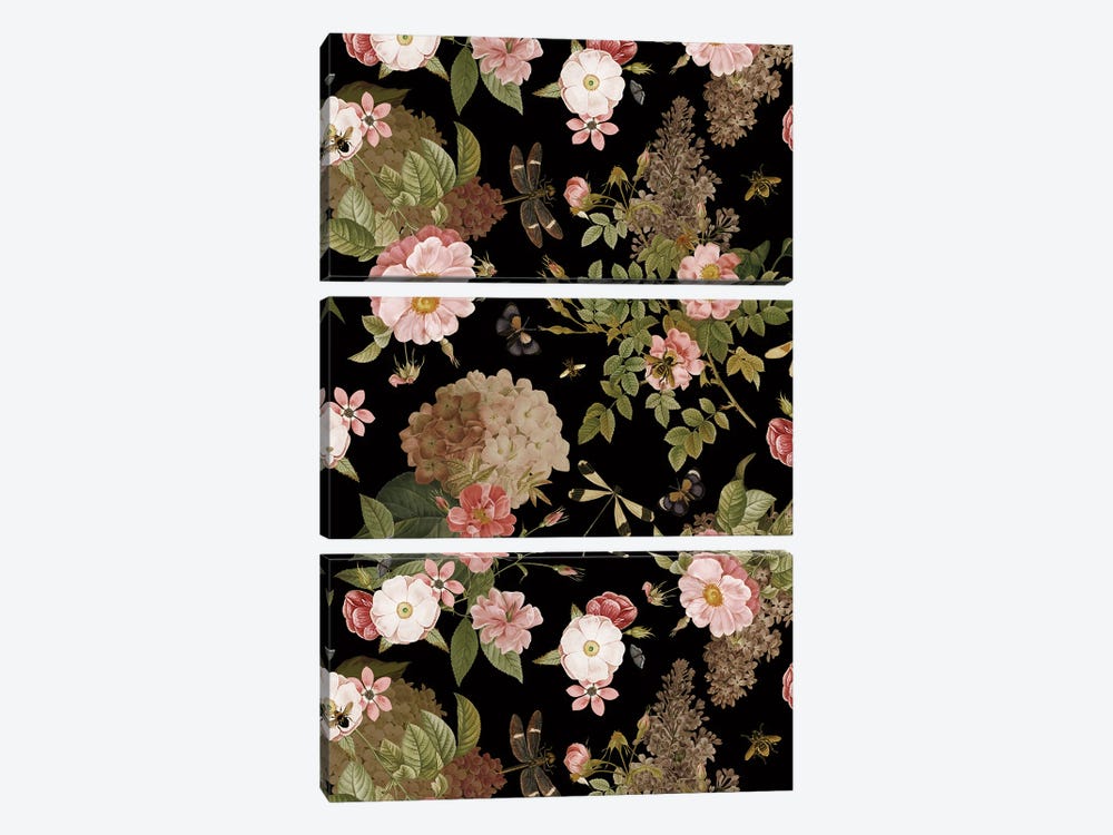 Vintage Roses And Butterflies Spring Night Garden by UtArt 3-piece Canvas Print