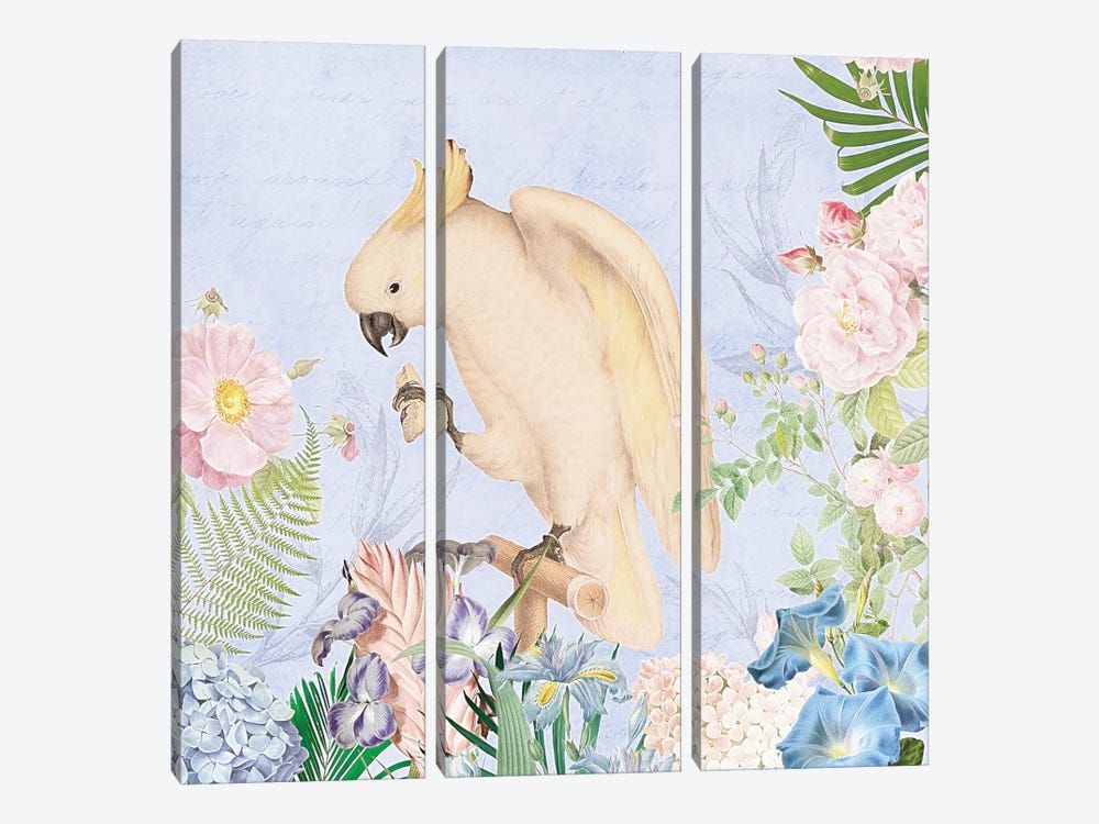 White Parrot In Flower Jungle by UtArt 3-piece Art Print