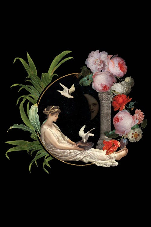 Girl In The Moon With Vintage Flowers