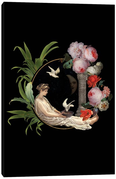 Girl In The Moon With Vintage Flowers Canvas Art Print - Nature Renewal
