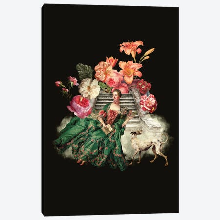 Marie Antoinette On Stairs With Dog And Vintage Flowers Canvas Print #UTA246} by UtArt Art Print