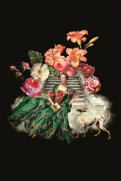 Marie Antoinette: Marie Antoinette On Stairs With Dog And Vintage Flowers by UtArt